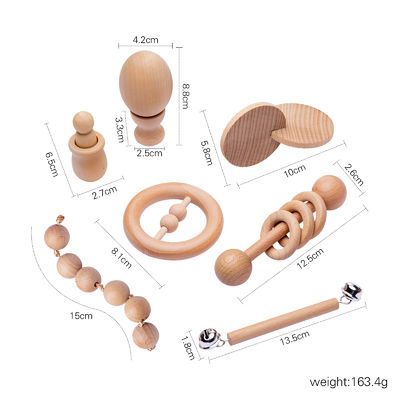 Graphic Rattles 7Pc Teether Wooden for Baby Wooden Ring Ring