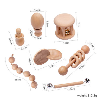 Graphic Rattles 7Pc Teether Wooden for Baby Wooden Ring Ring