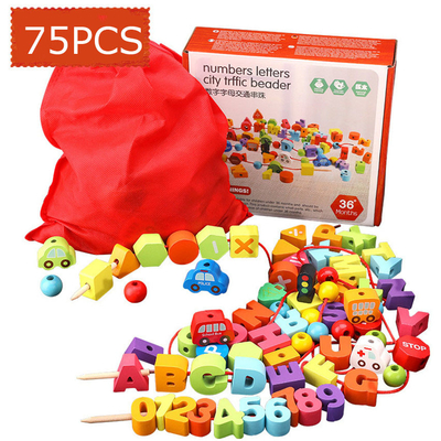 75Pcs چوبی شماره ترافیک شهری نامه مهره دار طناب بازی رشته نخ